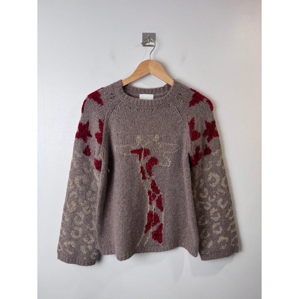 Antonella Rizza Women Merino Cashmere Taupe Sweater Giraffe Star Leopard Small